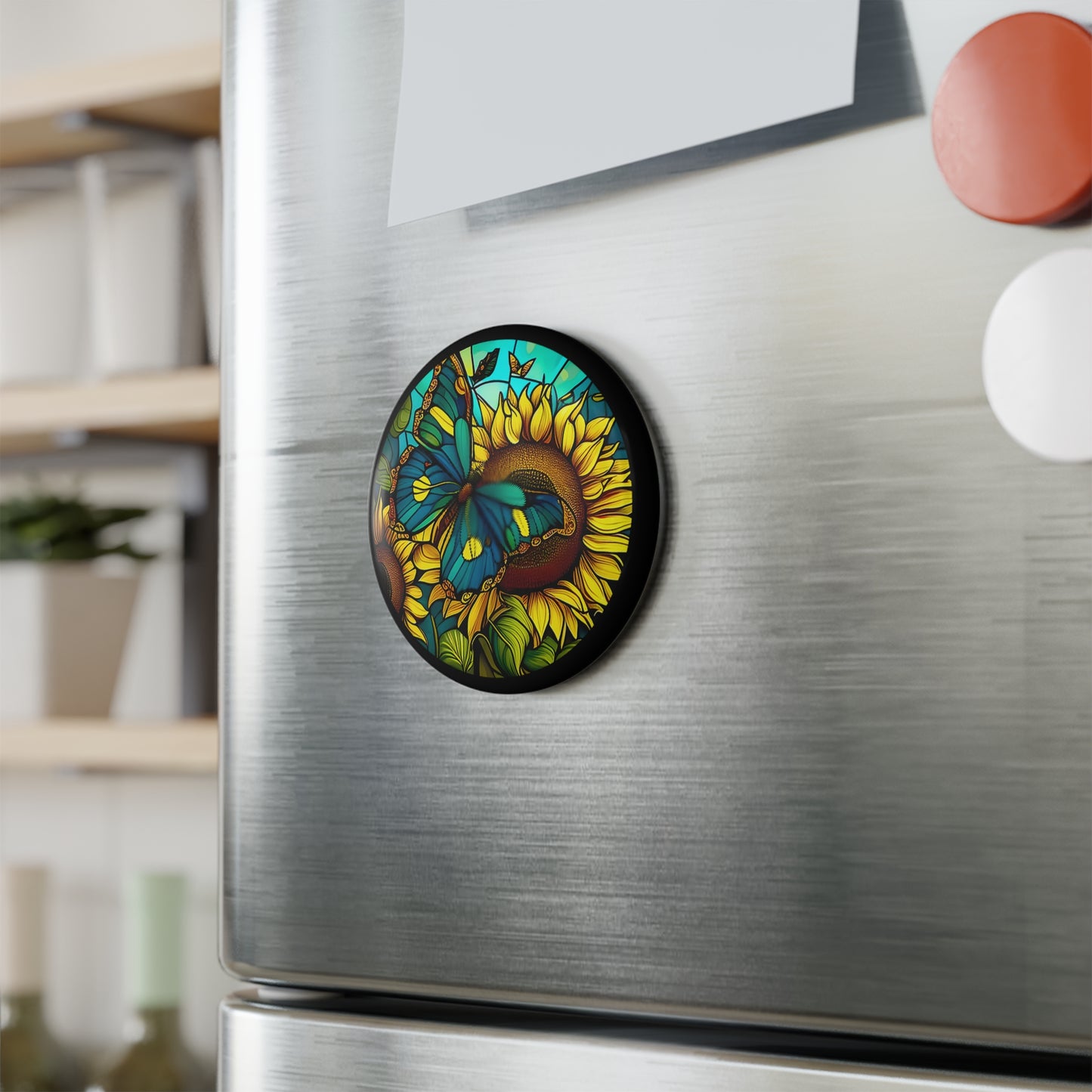 Butterfly and Sunflower Round Button Magnet
