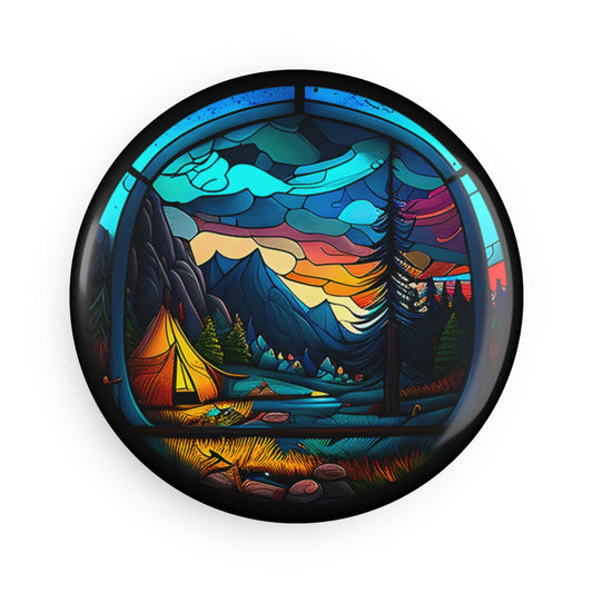 Camping as the Sun goes Down Round Button Magnet